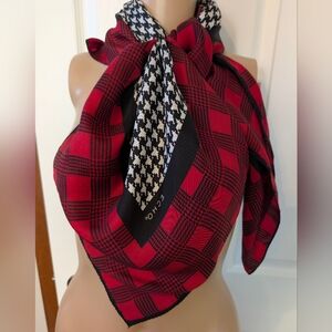Echo Red and Black Plaid Scarf with Houndstooth Accent 100% Silk